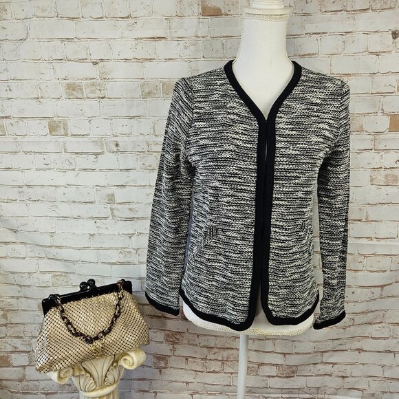 J. Crew Size Small Black/White Boucle Tweed Cardigan Sweater Hook & Eye 03509 - Picture 1 of 9